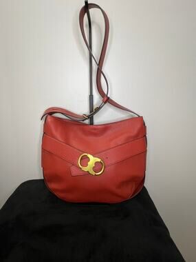 Tory Burch Gemini Link Belted Hobo Red Pebbled Leather Shoulder Bag